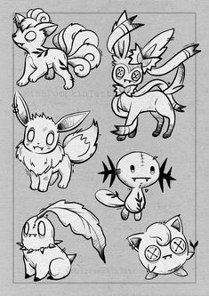 some very cute pokemons drawn in black and white