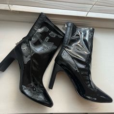 Shiny Black Boots - Never Worn High-top Boots For Night Out In Spring, Chic Black High-top Mid-calf Boots, Black Mid-calf Boots For Night Out In Spring, Sleek Black High Ankle Mid-calf Boots, Casual High Ankle Heeled Boots For Night Out, Shoes Heels Boots, Black Boots, Shoes Women Heels, Heeled Boots