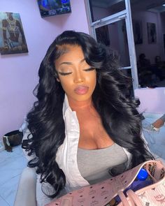 human hair, body wave hairstyle, affordable fashion, long hair, black color wig, gorgeous hair look. Follow us to get your Dream Hair&Dream Life Site: unice.com IG: @unicehair Brazilian Hair Wigs, Loose Waves Hair, Remy Hair Wigs, 100 Human Hair Wigs, Body Wave Wig, Body Wave Hair, Front Lace Wigs Human Hair, Human Hair Lace Wigs, Hd Lace