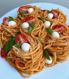 pasta with tomatoes, mozzarella and basil on a white plate