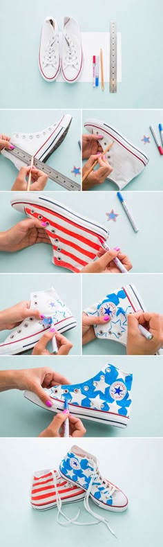 the steps to make an american flag shoe with scissors and crayons on it