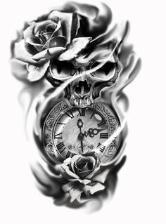 a black and white photo of a rose with a clock on it's side