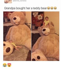 a baby is sitting on top of a giant teddy bear and it's caption says, grandpa bought her a teddy bear