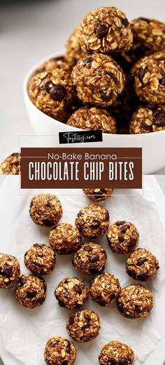 no bake banana chocolate chip bites on a white plate next to a bowl of cookies