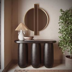 a table with three stools in front of a mirror and potted plant next to it