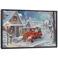 a painting of a red car driving down a snowy street with christmas decorations on it