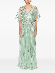 Elie Saab floral-appliqué Tulle Gown - Farfetch Gown Green, Green Tulle, Keyhole Neck, Fringe Skirt, Tulle Gown, Suit Accessories, Floral Applique, Elie Saab, Lace Overlay