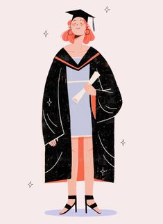 a woman wearing a graduation gown and holding a diploma in her hand, with stars around her