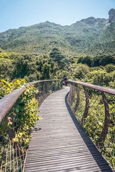 a wooden walkway leading to the top of a mountain