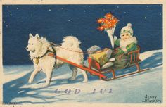 an old fashioned christmas card with santa riding in a sleigh pulled by two white dogs