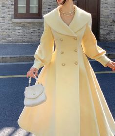 Yellow Wool Coat,wool Princess Coat,wide Collar Long Cozy Jacket,winter Wool Swing Coat,dress Coat,handmade Coat - Etsy Cute Yellow Outfits, How To Wear A Blanket Scarf, Winter Coat Outfits, Satin Coat, Princess Coat, Yellow Coat, Elegant Coats, Womens Jackets, Vintage Mode