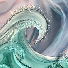 an abstract painting with waves and bubbles in blue, green and white colors on canvas