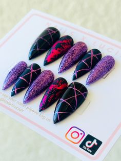 ❤️STOP SCROLLING  Because you've just found your virtual Nail Tech ! Hi my name is Lucia and I am a licensed nail tech and  a Design Contest Winner for the imPRESS Maniversary Contest   my design is being sold on their website). If you want quality and exclusivity, then you've found the right tech for you  This Listing is for a set of  10 hand painted 100% gel luxury press ons. Feature a total of 10 nails with with glitter, colored foil and isolated chrome.     All my sets are completely hand painted and therefore unique. We could customize the colors included  should you have another preference.    They are hand made with only the finest materials, including the first to Market Apres Gel X Tips. In addition they are made by a Licensed Nail technician so the quality you get would be the sa Short Purple Nails With Design, Purple Winter Nails Acrylic, Black And Magenta Nails, Purple Gray Nails, Dark Purple Nail Designs, Isolated Chrome, Black And Purple Nails, Purple Gel Nails, Luxury Press On Nails