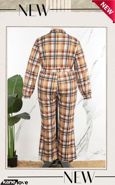 Earth Yellow Street Plaid Bandage Patchwork Buckle Turndown Collar Plus Size Jumpsuits Casual Fitted Plaid Jumpsuits And Rompers, Casual Patchwork Jumpsuits And Rompers For Fall, Retro Long Sleeve Jumpsuit For Fall, Retro Long Sleeve Jumpsuits And Rompers For Fall, Retro Fitted Long Sleeve Jumpsuits And Rompers, Jumpsuit Online, Plus Size Jumpsuit, Turndown Collar, Wholesale Fashion