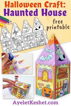 Halloween craft for kids: Make a DIY haunted house with this free printable coloring page. Cute and easy Halloween craft idea that anyone will love! _ #Ayelet_Keshet #halloween #HalloweenCraft #HalloweenIdeas #HujntedHoseCraft #KidsCrafts #PrintableCrafts #HalloweenPrintables #papercraft #CraftsforKids Paper Haunted House, Diy Haunted House, Halloween Haunted House Diy, Halloween Craft Idea, Haunted House Craft, Easy Halloween Craft, Halloween Art Projects, Hallowen Ideas, Halloween Paper Crafts