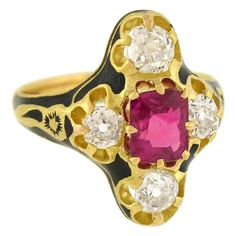 An outstanding gemstone ring from the Victorian (ca1880) era! This incredible piece is crafted in vibrant 18kt gold, and has an elongated navette-style setting. Resting at the center is a gorgeous non-heated natural Burma ruby, which is a mixed Cushion Cut, weighing approximately 1.06ct. The stone is prong set and displays a luscious color with a rich, saturated pink-red hue. Accompanying the ruby is a Prestige Gemstone Report issued by AGL (American Gemological Laboratories) in January 2017, wh Funky Ring, Funky Rings, Diamond Fashion Rings, Vintage Style Rings, Rings Fashion, Victorian Rings, Rose Rouge, Enamel Ring, No Heat