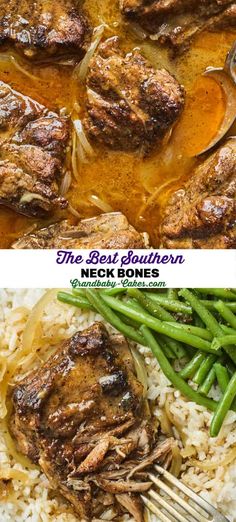 two pictures showing different types of food on the same plate, one with meat and green beans