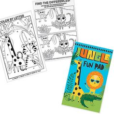 two children's coloring books, one with an image of a giraffe and the