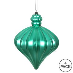 a green christmas ornament hanging from a silver string with the words 4 pack below it