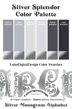 silver and black color palettes with the letter r in different font styles, from left to right