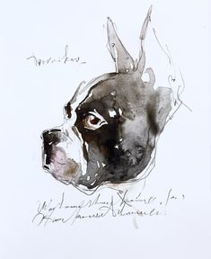 a black and white drawing of a dog's head with writing on the side