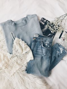 #lovelulus Clothing Flatlay, Swift Outfits, Light Blue Knit, Aria Montgomery, Fandom Fashion, Paris Mode, Blue Knit Sweater, Eva Mendes, Casual Cosplay