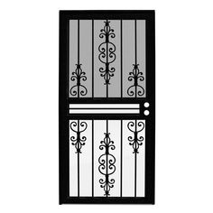 an iron door with glass panels and decorative designs on the side, isolated against a white background