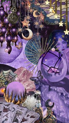 an image of a woman surrounded by many different things in purple and gold colors with stars