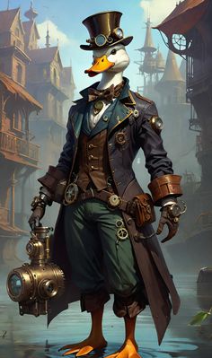 a duck dressed as a steampunk with a top hat