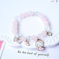 Hello Kitty Bracelet Pink Beads With Charms - Kitty Bow Star & Crescent Moon Small Pink & White Beads Alloy & Enamel Charms Elastic Band Jewelry Hello Kitty, Hello Kitty Bracelet, Kawaii Bracelet, Fairy Bracelets, Journal Lettering, Hello Kitty Jewelry, Lettering Ideas, Kandi Bracelets, Silver Bling