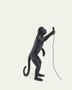 a statue of a monkey holding a light bulb in it's hand and standing on its hind legs