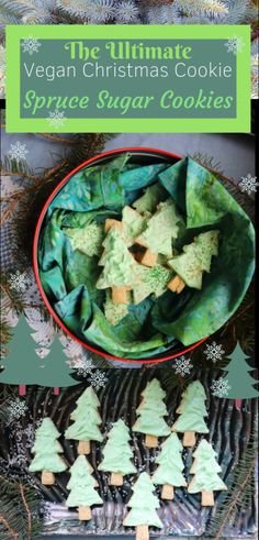 the ultimate vegan christmas cookie recipe with sugar cookies and green frosting on top