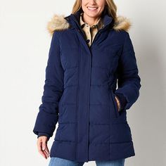 This winter choose the St. John's Bay women's heavyweight puffer jacket for all your outdoor adventures. Featuring an insulated design with a fur hood, long sleeves, and front slip pockets, it offers exceptional warmth and comfort. Wear it over dresses, denim, overalls, and more.Closure Type: Snap & ZipperFit: Regular FitNeckline: Hooded NeckPockets: 2 Front Slip PocketsSleeve Length: Long SleeveWarmth Factor: HeavyweightApparel Length: 34 InchesOuterwear Length: MidFiber Content: 90% Polyester, Puffer Jacket Women, Comfort Wear, Fur Hood, Denim Overalls, Outdoor Adventures, Puffer Jacket, Outdoors Adventure, Puffer, Overalls