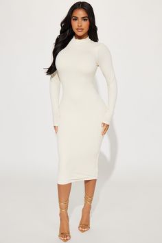 Available In Hunter, Wine, Cream, And Black. Ribbed Midi Dress Mock Neck Long Sleeves Double Lined Stretch 96% Polyester 4% Spandex Imported | Caroline Double Lined Midi Dress in Cream size Small by Fashion Nova Cream Long Fitted Sweater Dress, Luxury Long Sleeve Cream Midi Dress, White Ribbed Long Sleeve Midi Dress, White Ribbed Stretch Bodycon Dress, Elegant Midi-length Cream Sweater Dress, Beige Knit Midi-length Sweater Dress, Amaya Colon, Cream Fashion, Shower Dress