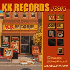 an advertisement for kk records store in front of a brick building with orange trim