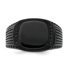 Black IP-plating over stainless steel polished men's signet ring with black cubic zirconia stones and grooved detailing. Band width measures approximately 3/16". Ring Man, Mens Rings Fashion, Signet Ring Men, Gold Statement Ring, Mens Items, Stainless Steel Polish, Packaging Gift, Bow Jewelry, Man Fashion