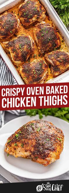 crispy oven baked chicken thighs on a white plate