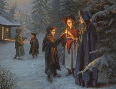 a painting of three children in the snow with a lit candle and two adults holding hands