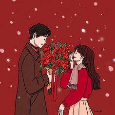 a man giving flowers to a woman in front of a red background with snow falling on the ground