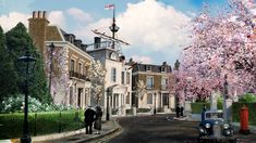 a painting of people walking down the street in front of some buildings and trees with pink flowers on them