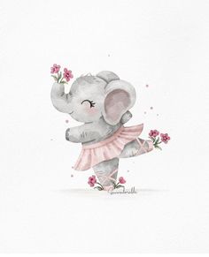 an elephant with pink flowers on its trunk and tusks, is standing in front of a white background