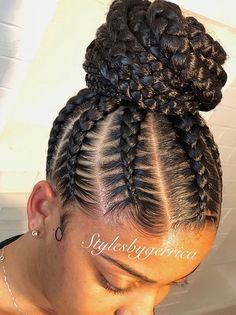 If you like what you see,follow me for more‼️PIN: dominiquemae390✨ & On my IG: only1_queenk❤️ Cornrows Updo, Trendy We Fryzurach, Braided Hairstyles For Black Women Cornrows, Braided Bun Hairstyles, Braided Ponytail Hairstyles, Feed In Braid, Two Braids, Girls Hairstyles Braids