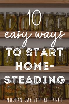 jars filled with pickles and vegetables on wooden shelves text reads 10 easy ways to start home - stealing modern day self reliance