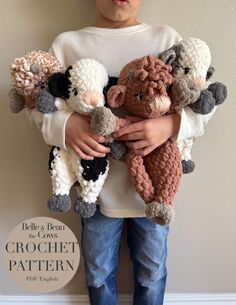 a young boy holding several stuffed animals in his hands and wearing a knitted sweater