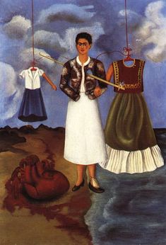 a painting of two women standing next to each other in front of clothes hanging from strings