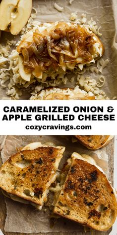 grilled onion and apple grilled cheese sandwich with text overlay that reads caramelized onion & apple grilled cheese