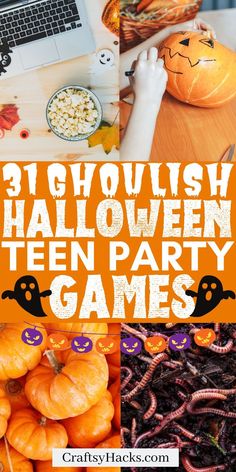 halloween party games with pumpkins, candy and other items for kids to play in