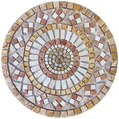 a circular mosaic design made out of different colored bricks and marbles on a white background