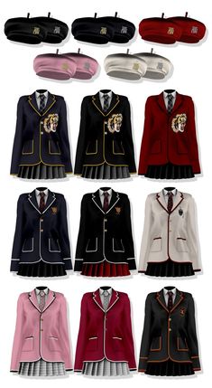 a bunch of different types of jackets and skirts