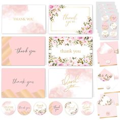 pink and gold wedding stationery set with thank cards, envelopes, stickers and more